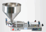 Detalle técnico de la máquina embotelladora semiautomática con cabezal antigoteo y tolva de 50 kg