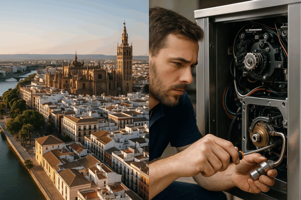 Técnico de Distribución ARC realizando mantenimiento a maquinaria de alimentación en un negocio de Sevilla